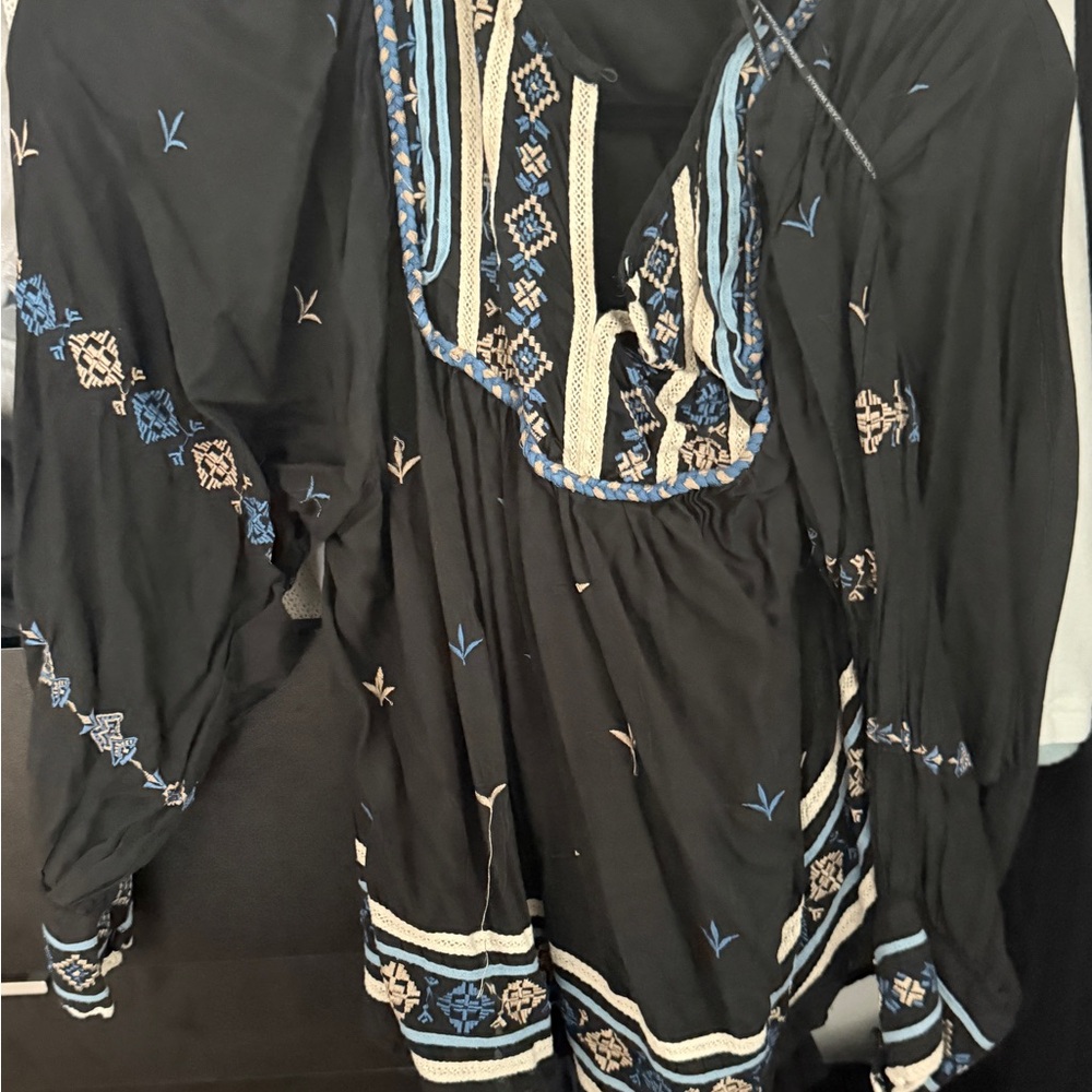 Zara Black and Blue Embroidered Blouse